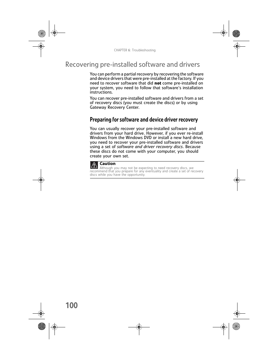 Recovering pre-installed software and drivers, Preparing for software and device driver recovery, Recovering pre-installed software | Gateway GT5062b User Manual | Page 106 / 142