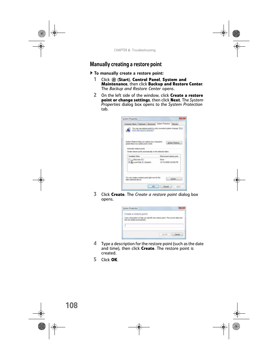 Manually creating a restore point, To manually create a restore point, Manually creating a restore point” on | Gateway GT5062b User Manual | Page 114 / 142
