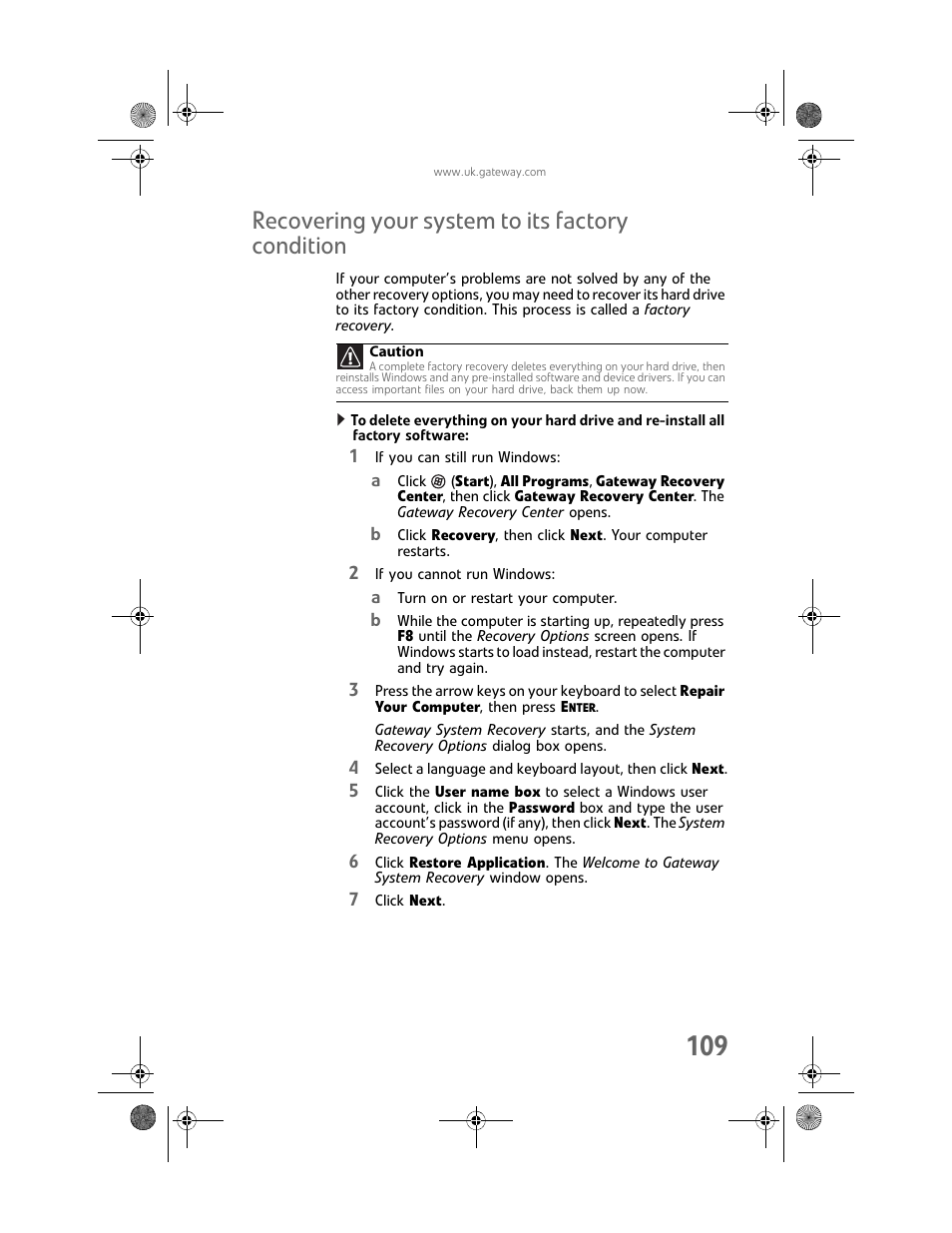 Recovering your system to its factory condition | Gateway GT5062b User Manual | Page 115 / 142