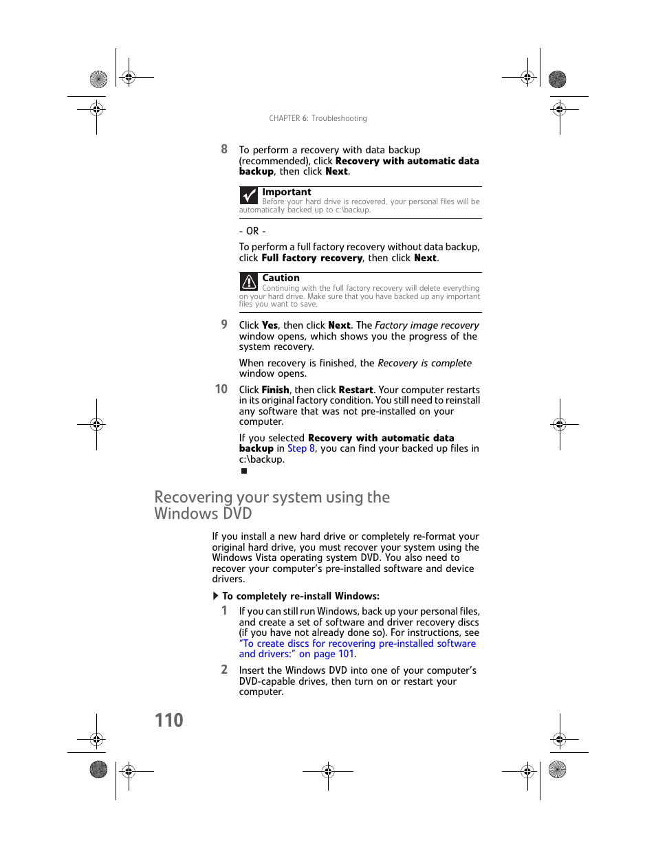 Recovering your system using the windows dvd, To completely re-install windows | Gateway GT5062b User Manual | Page 116 / 142
