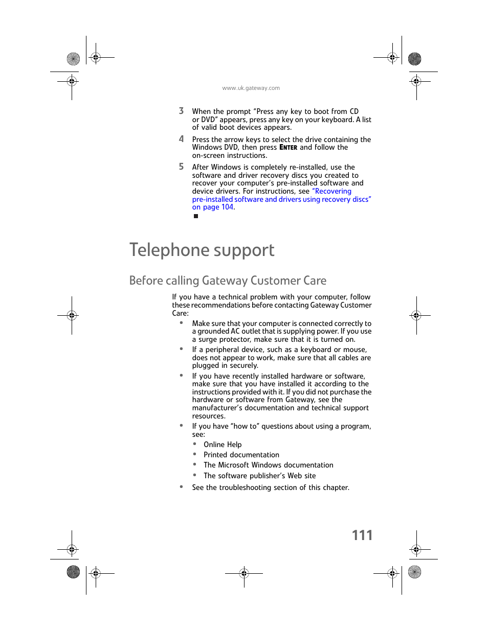 Telephone support, Before calling gateway customer care | Gateway GT5062b User Manual | Page 117 / 142