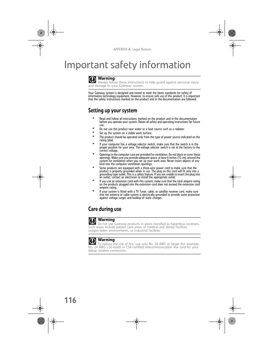 Important safety information, Setting up your system, Care during use | Gateway GT5062b User Manual | Page 122 / 142