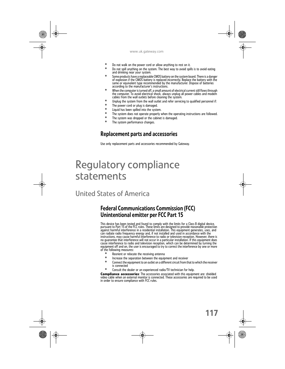 Regulatory compliance statements, United states of america, Replacement parts and accessories | Gateway GT5062b User Manual | Page 123 / 142