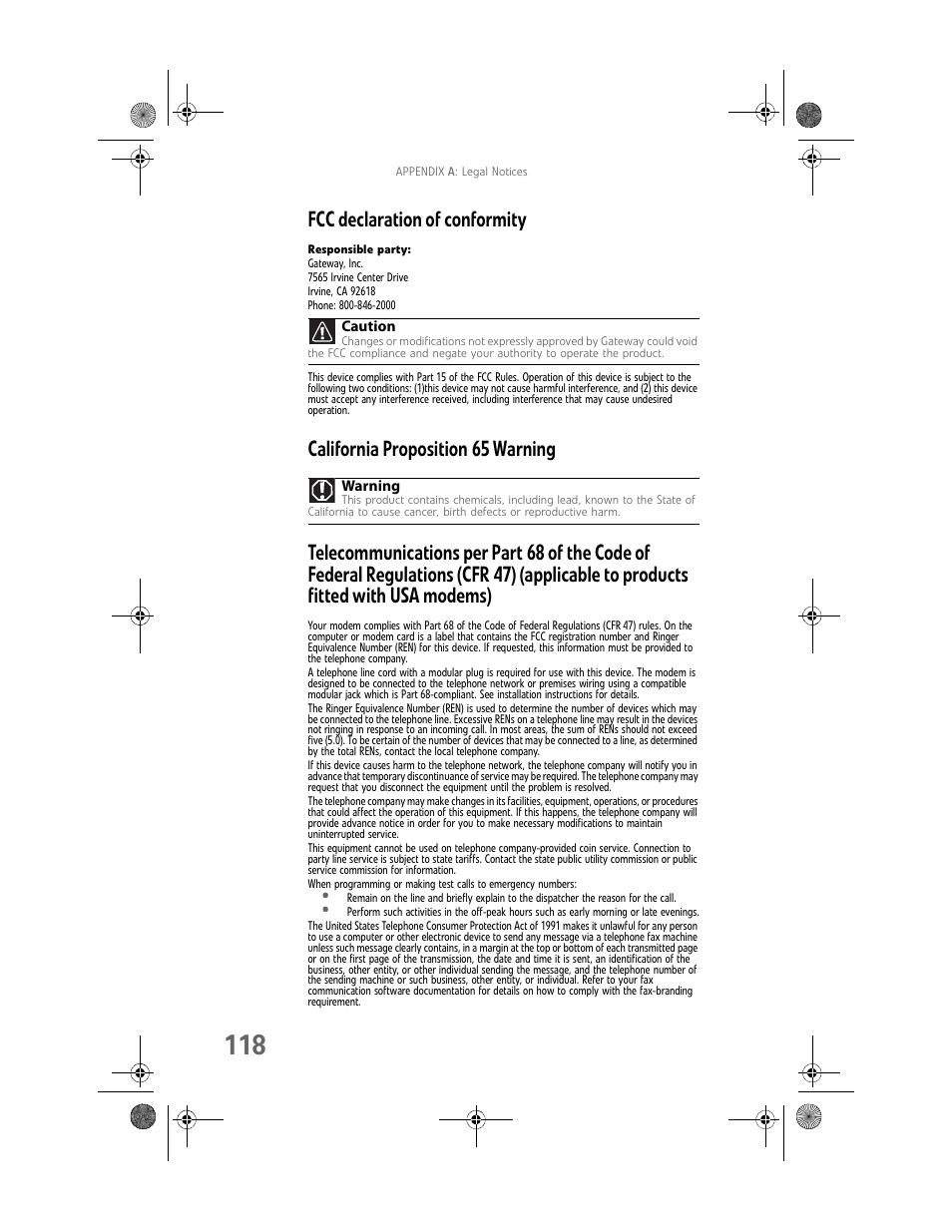 Fcc declaration of conformity | Gateway GT5062b User Manual | Page 124 / 142