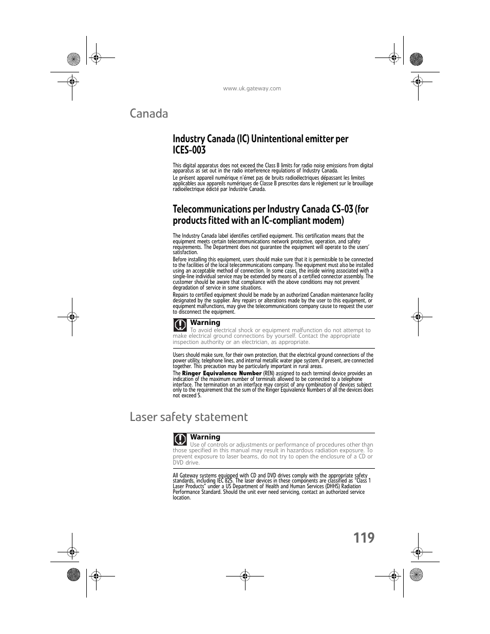 Canada, Laser safety statement | Gateway GT5062b User Manual | Page 125 / 142