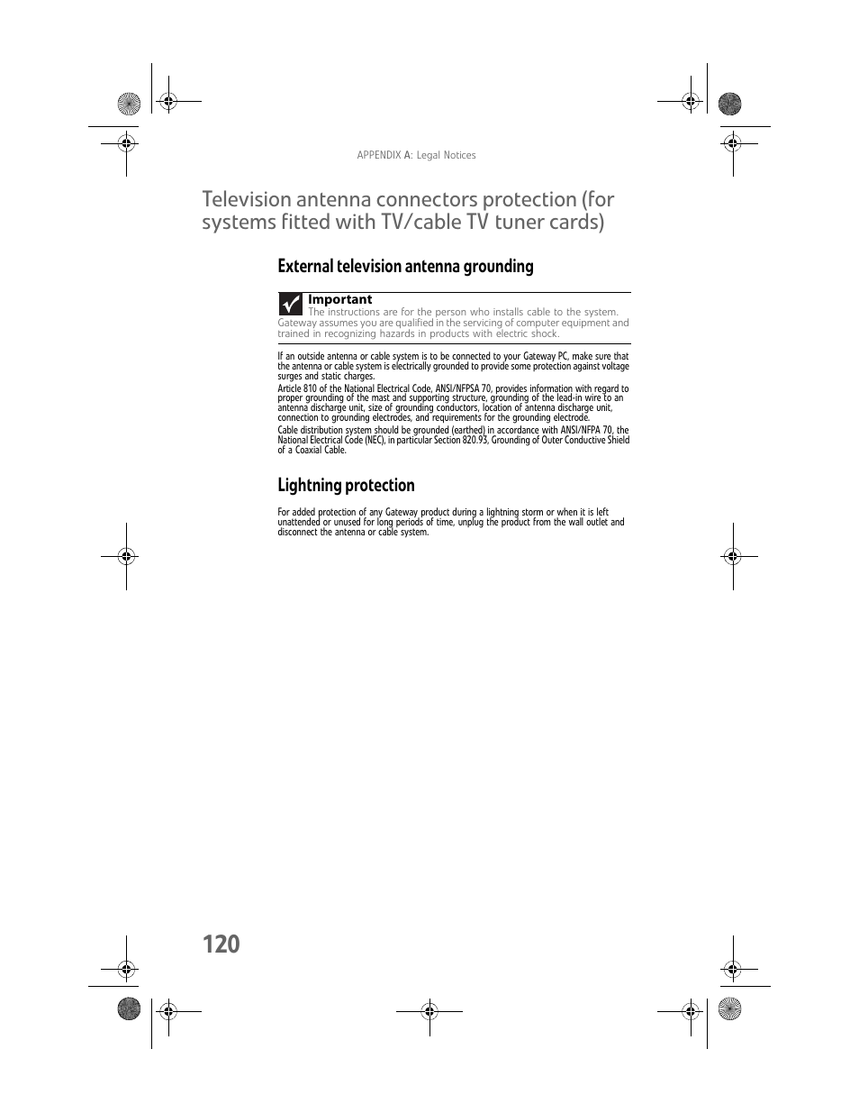 External television antenna grounding, Lightning protection | Gateway GT5062b User Manual | Page 126 / 142