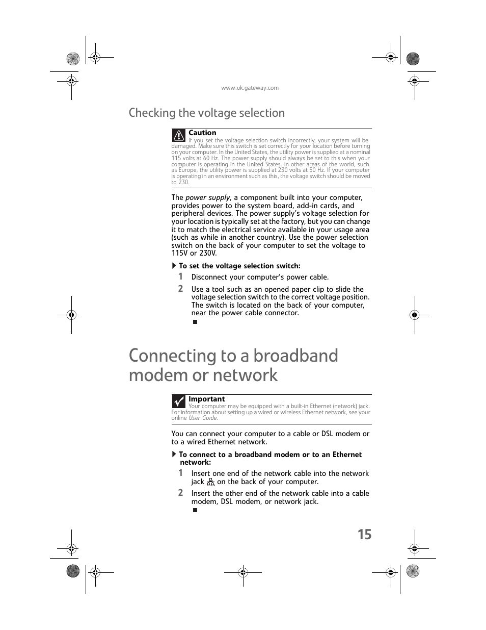 Checking the voltage selection, To set the voltage selection switch, Connecting to a broadband modem or network | Gateway GT5062b User Manual | Page 21 / 142