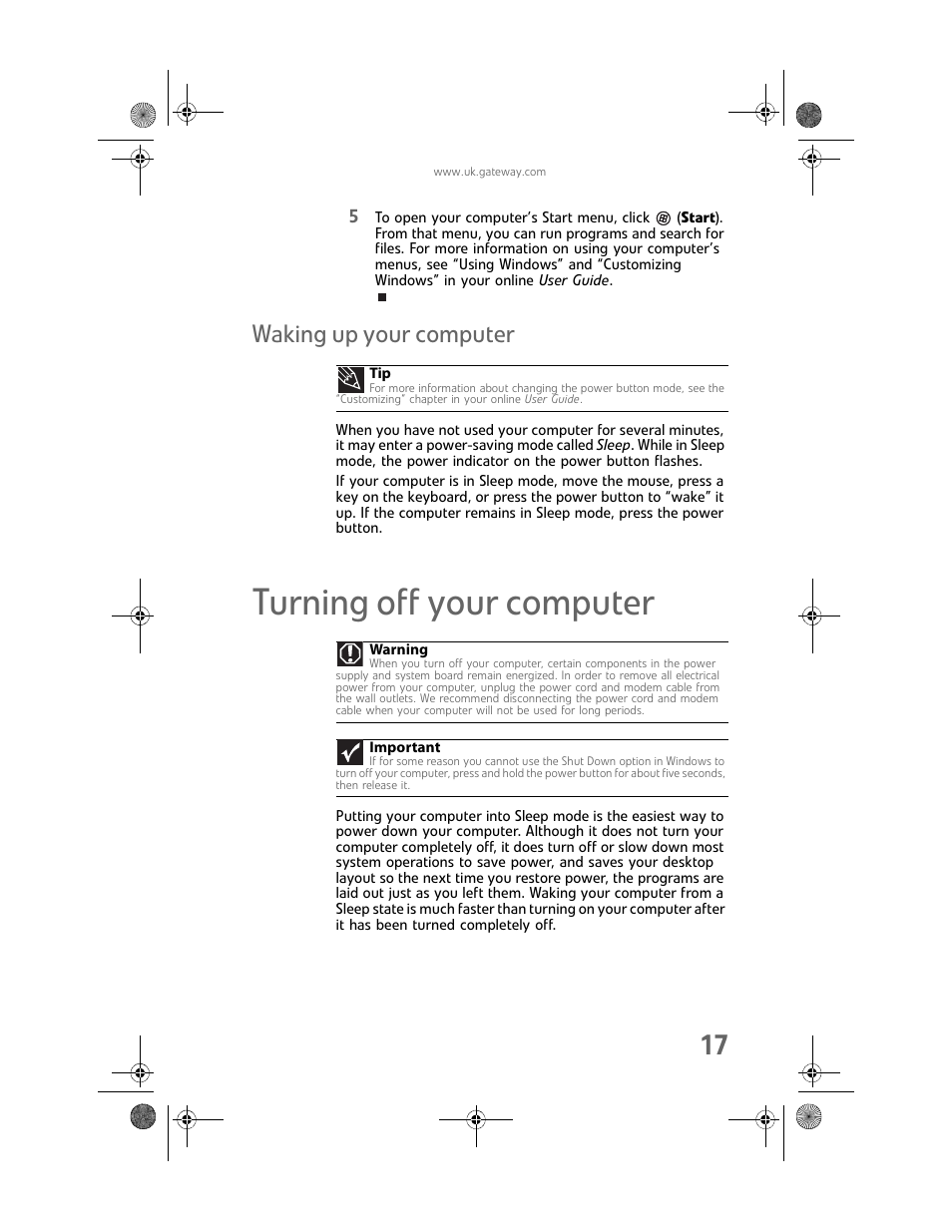 Waking up your computer, Turning off your computer | Gateway GT5062b User Manual | Page 23 / 142