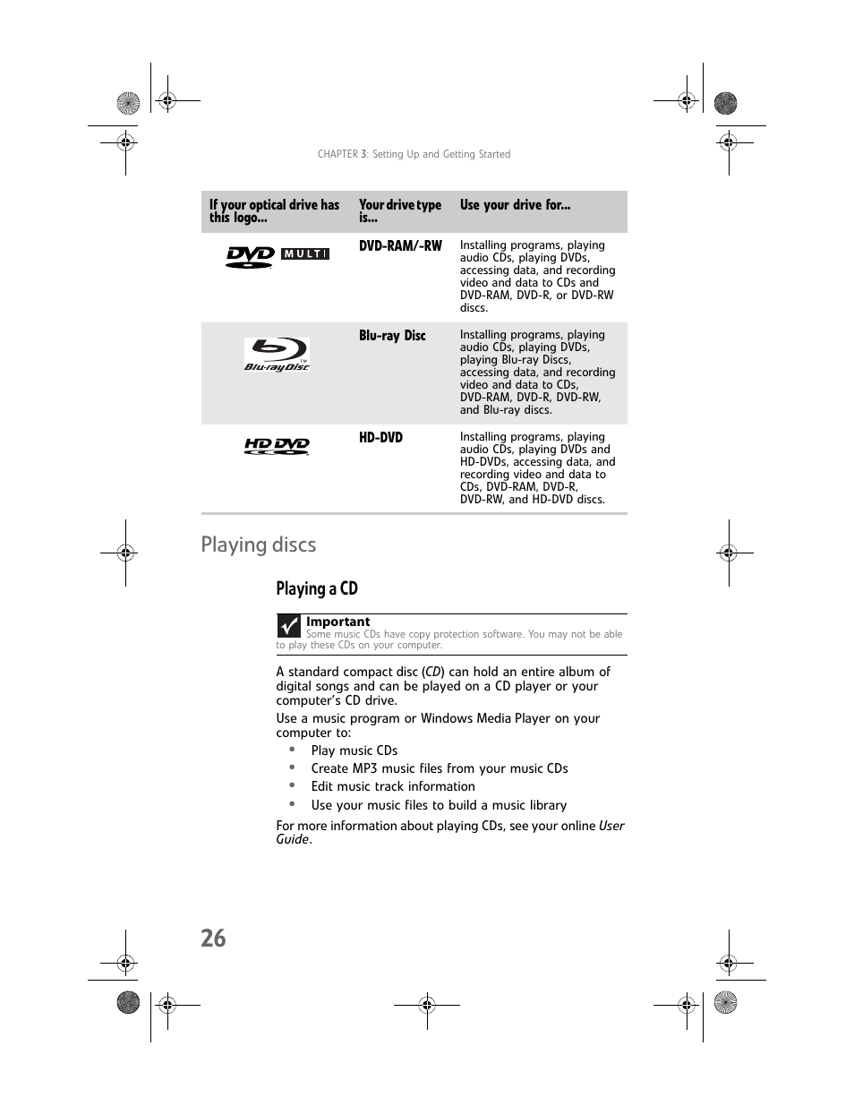 Playing discs, Playing a cd | Gateway GT5062b User Manual | Page 32 / 142