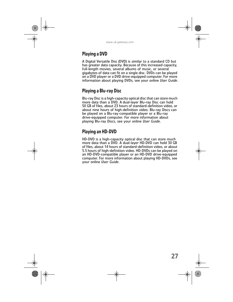 Playing a dvd, Playing a blu-ray disc, Playing an hd-dvd | Gateway GT5062b User Manual | Page 33 / 142