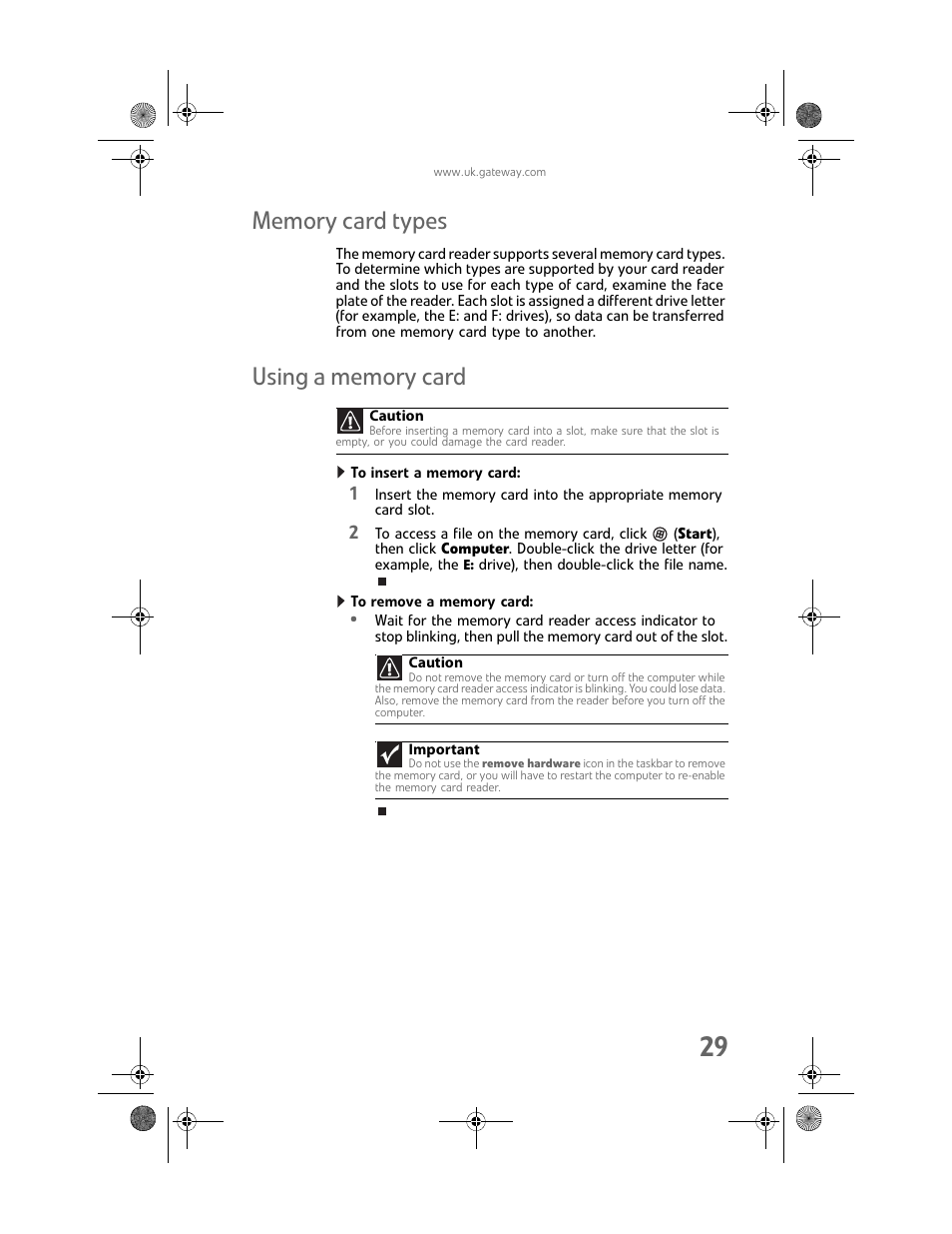 Memory card types, Using a memory card, To insert a memory card | To remove a memory card, Memory card types using a memory card | Gateway GT5062b User Manual | Page 35 / 142