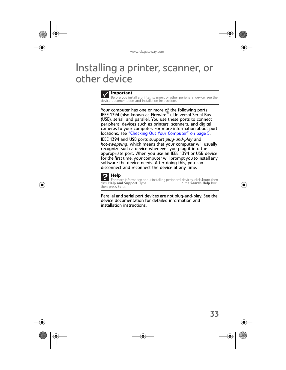 Installing a printer, scanner, or other device, Installing a printer | Gateway GT5062b User Manual | Page 39 / 142