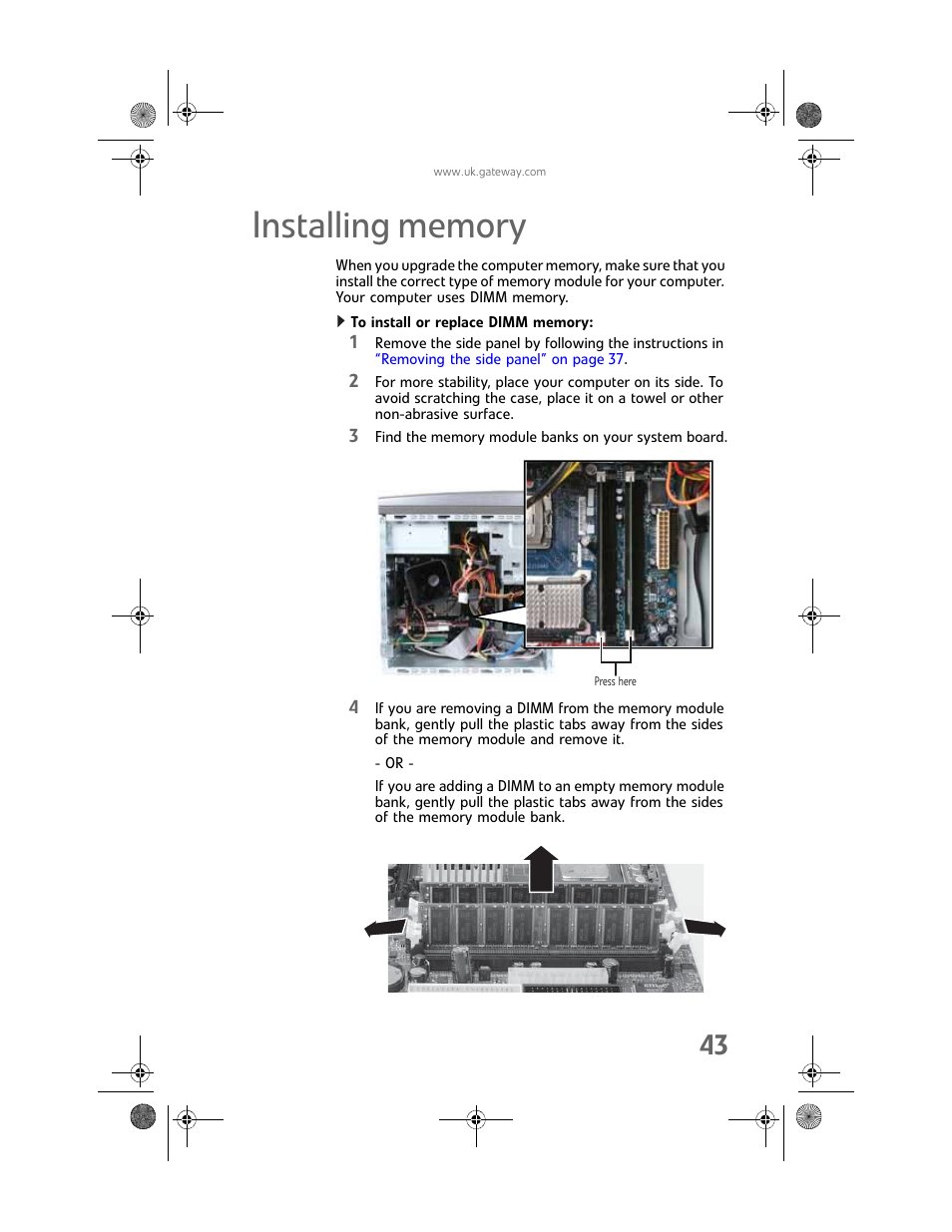 Installing memory, To install or replace dimm memory | Gateway GT5062b User Manual | Page 49 / 142