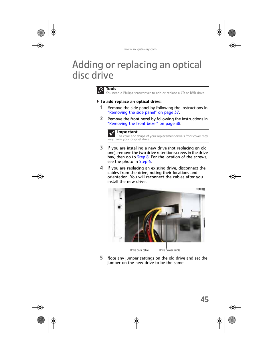 Adding or replacing an optical disc drive, To add replace an optical drive | Gateway GT5062b User Manual | Page 51 / 142