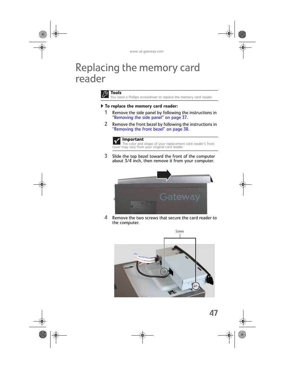 Replacing the memory card reader, To replace the memory card reader | Gateway GT5062b User Manual | Page 53 / 142