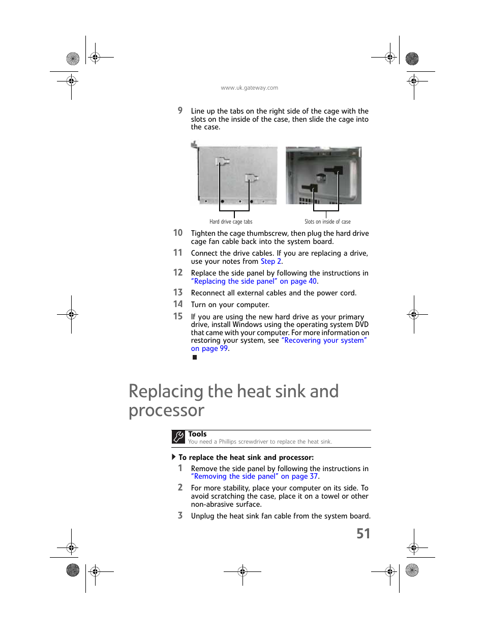 Replacing the heat sink and processor, To replace the heat sink and processor | Gateway GT5062b User Manual | Page 57 / 142