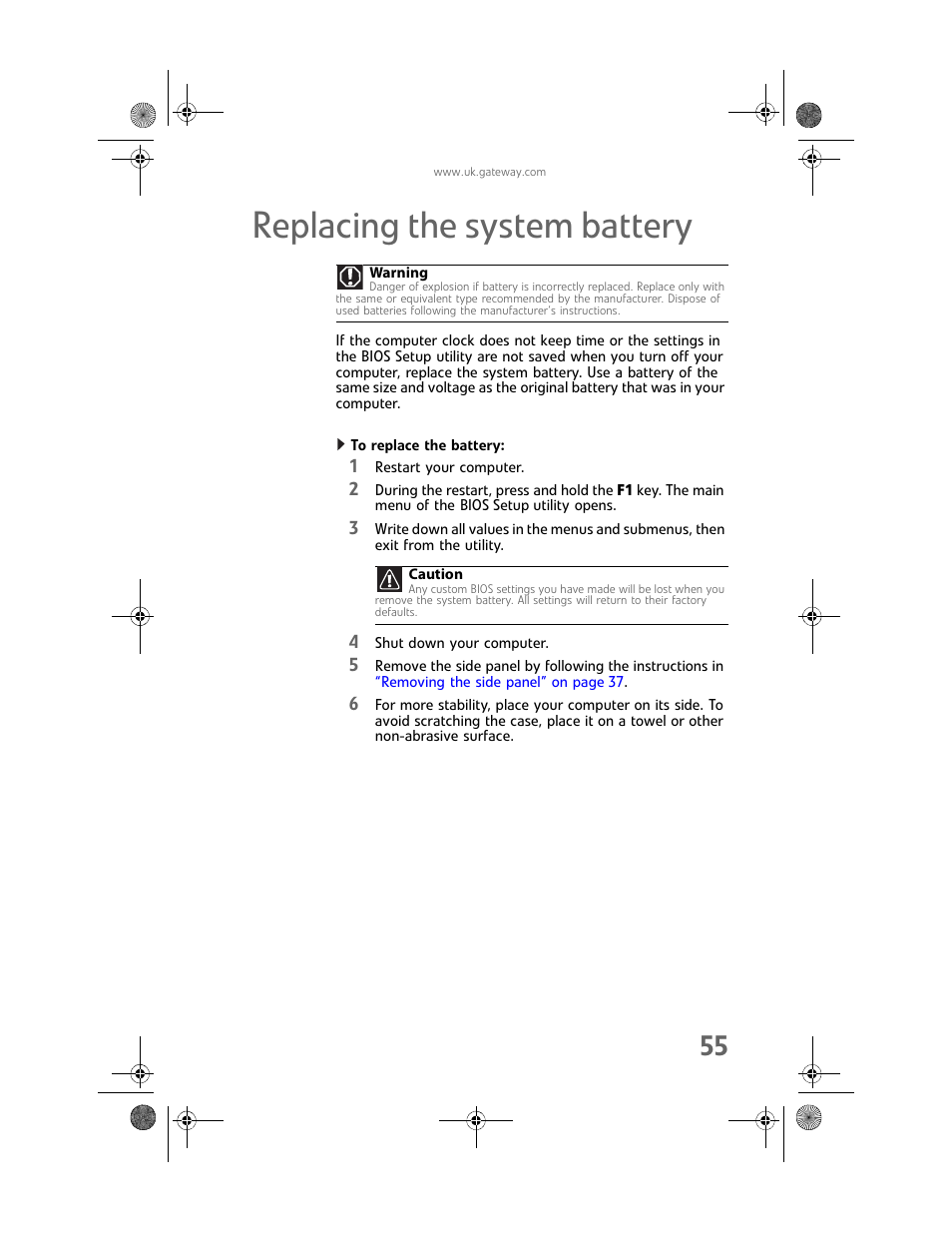 Replacing the system battery, To replace the battery | Gateway GT5062b User Manual | Page 61 / 142