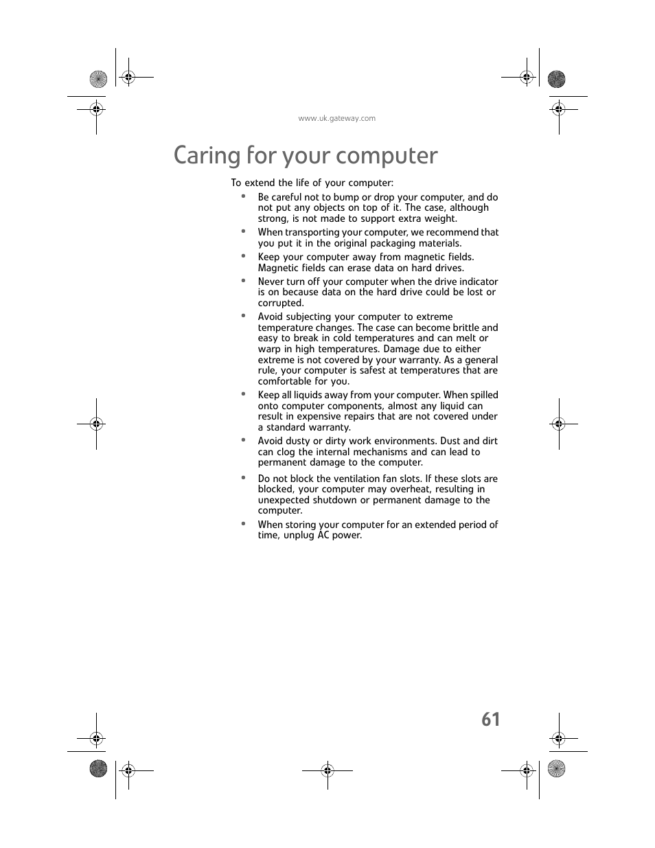 Caring for your computer | Gateway GT5062b User Manual | Page 67 / 142