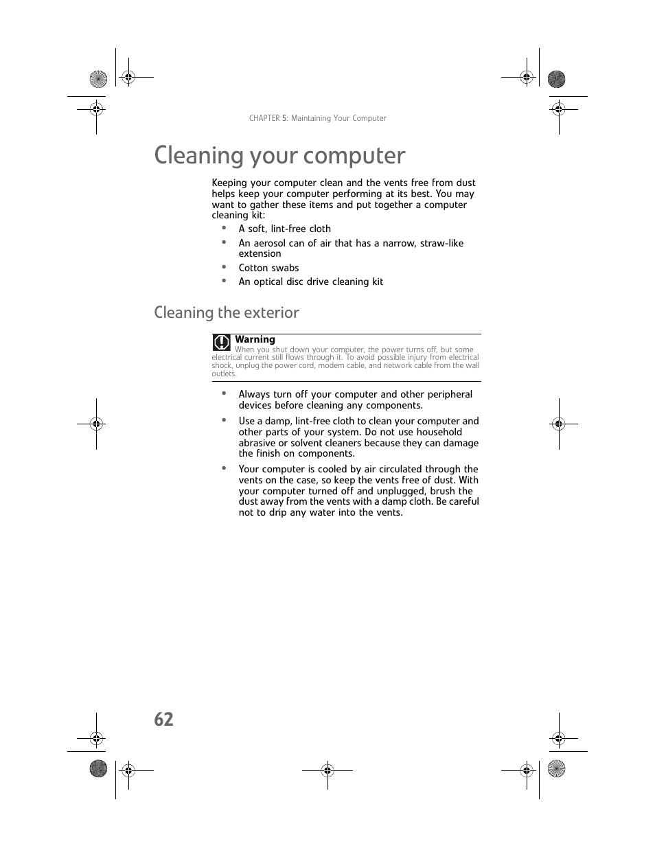 Cleaning your computer, Cleaning the exterior | Gateway GT5062b User Manual | Page 68 / 142