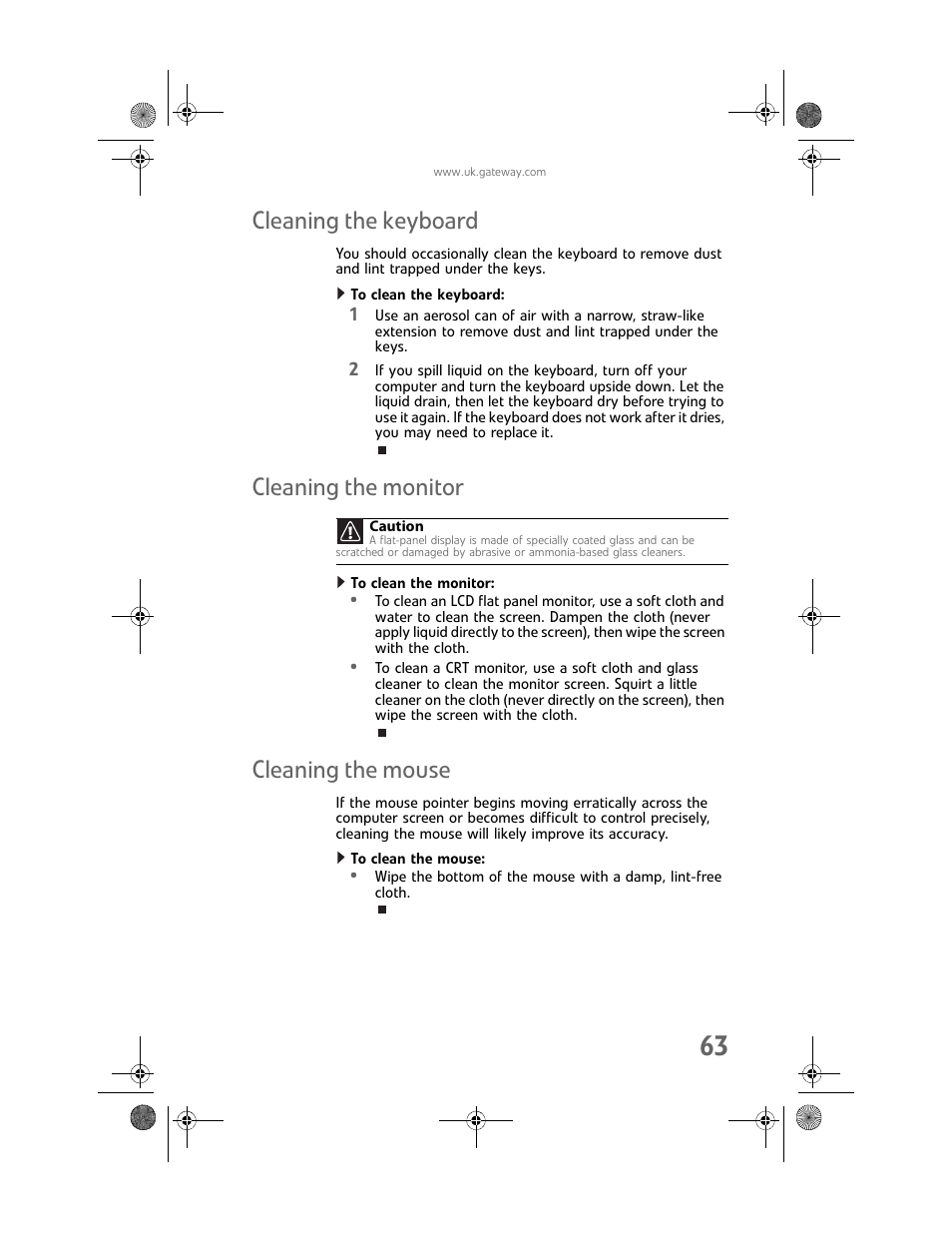 Cleaning the keyboard, To clean the keyboard, Cleaning the monitor | To clean the monitor, Cleaning the mouse, To clean the mouse | Gateway GT5062b User Manual | Page 69 / 142