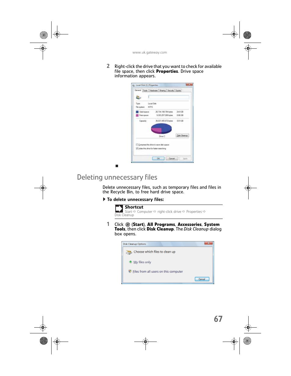 Deleting unnecessary files, To delete unnecessary files | Gateway GT5062b User Manual | Page 73 / 142