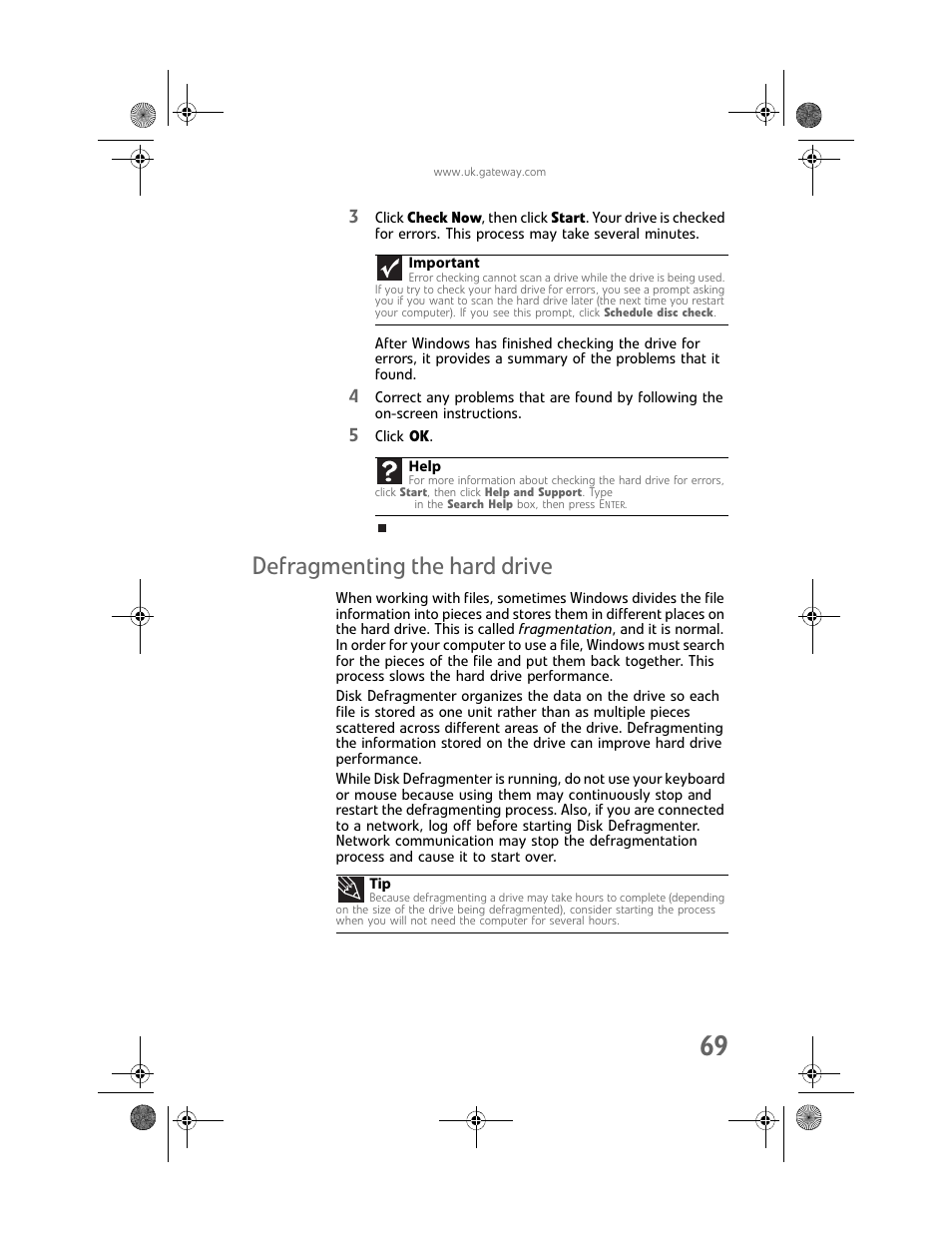 Defragmenting the hard drive | Gateway GT5062b User Manual | Page 75 / 142