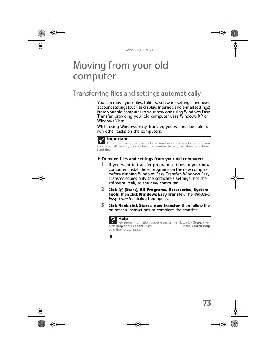 Moving from your old computer, Transferring files and settings automatically, To move files and settings from your old computer | Gateway GT5062b User Manual | Page 79 / 142