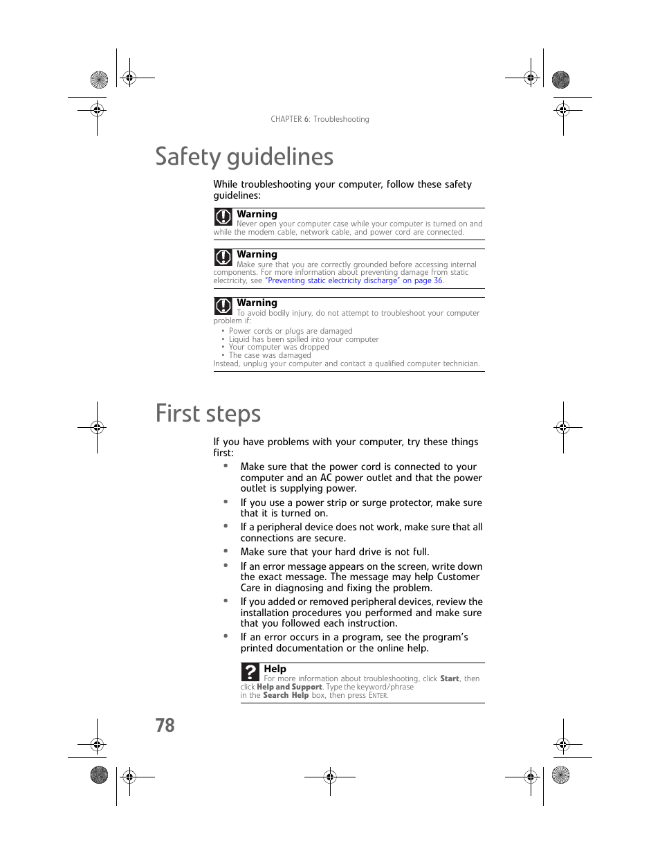 Safety guidelines, First steps, Safety guidelines first steps | Gateway GT5062b User Manual | Page 84 / 142