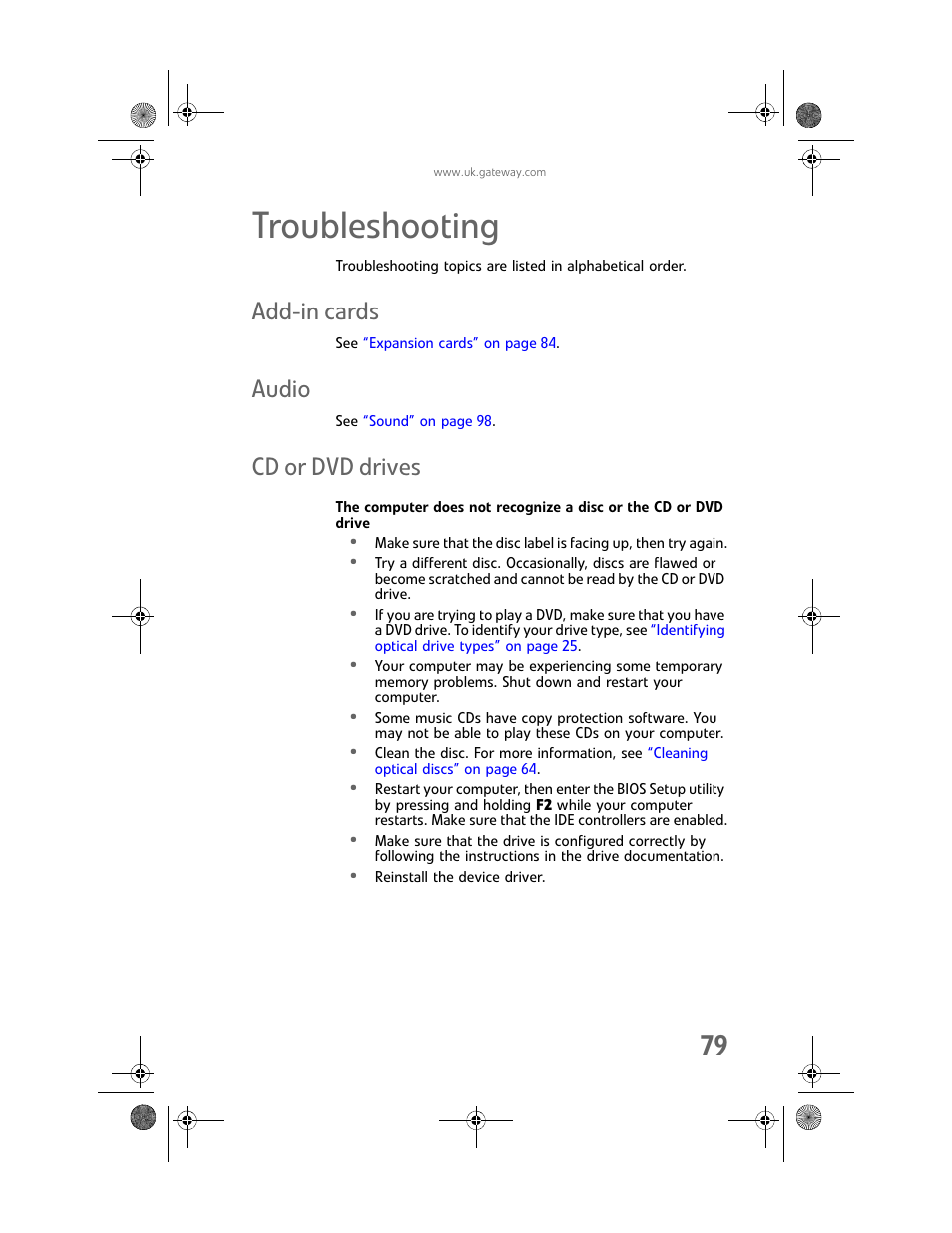 Troubleshooting, Add-in cards, Audio | Cd or dvd drives, Add-in cards audio cd or dvd drives | Gateway GT5062b User Manual | Page 85 / 142