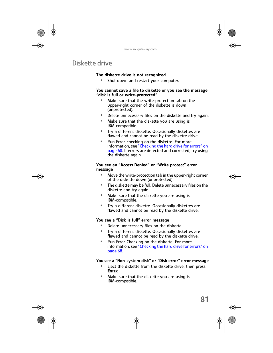 Diskette drive, The diskette drive is not recognized, You see a “disk is full” error message | Gateway GT5062b User Manual | Page 87 / 142