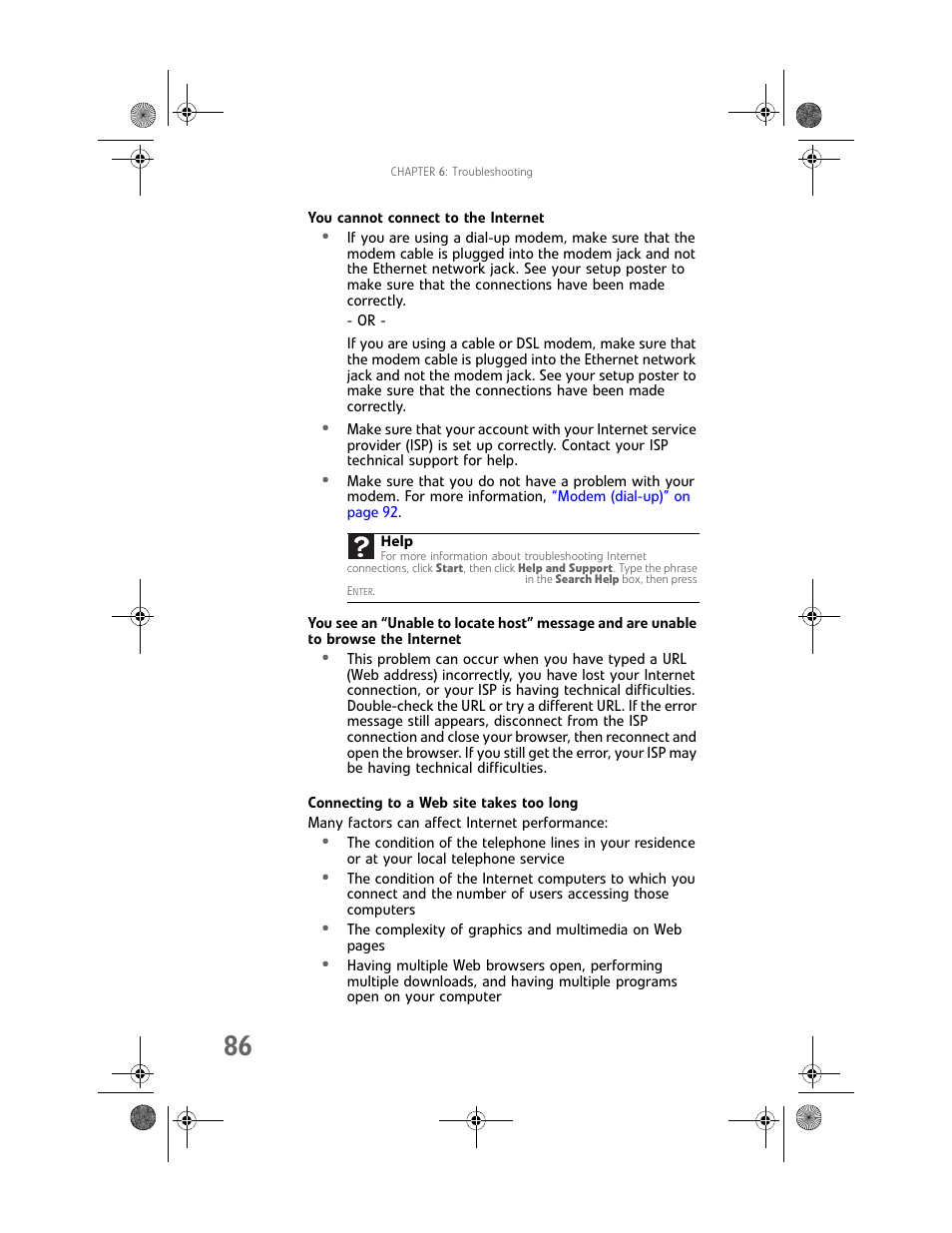 You cannot connect to the internet, Connecting to a web site takes too long | Gateway GT5062b User Manual | Page 92 / 142