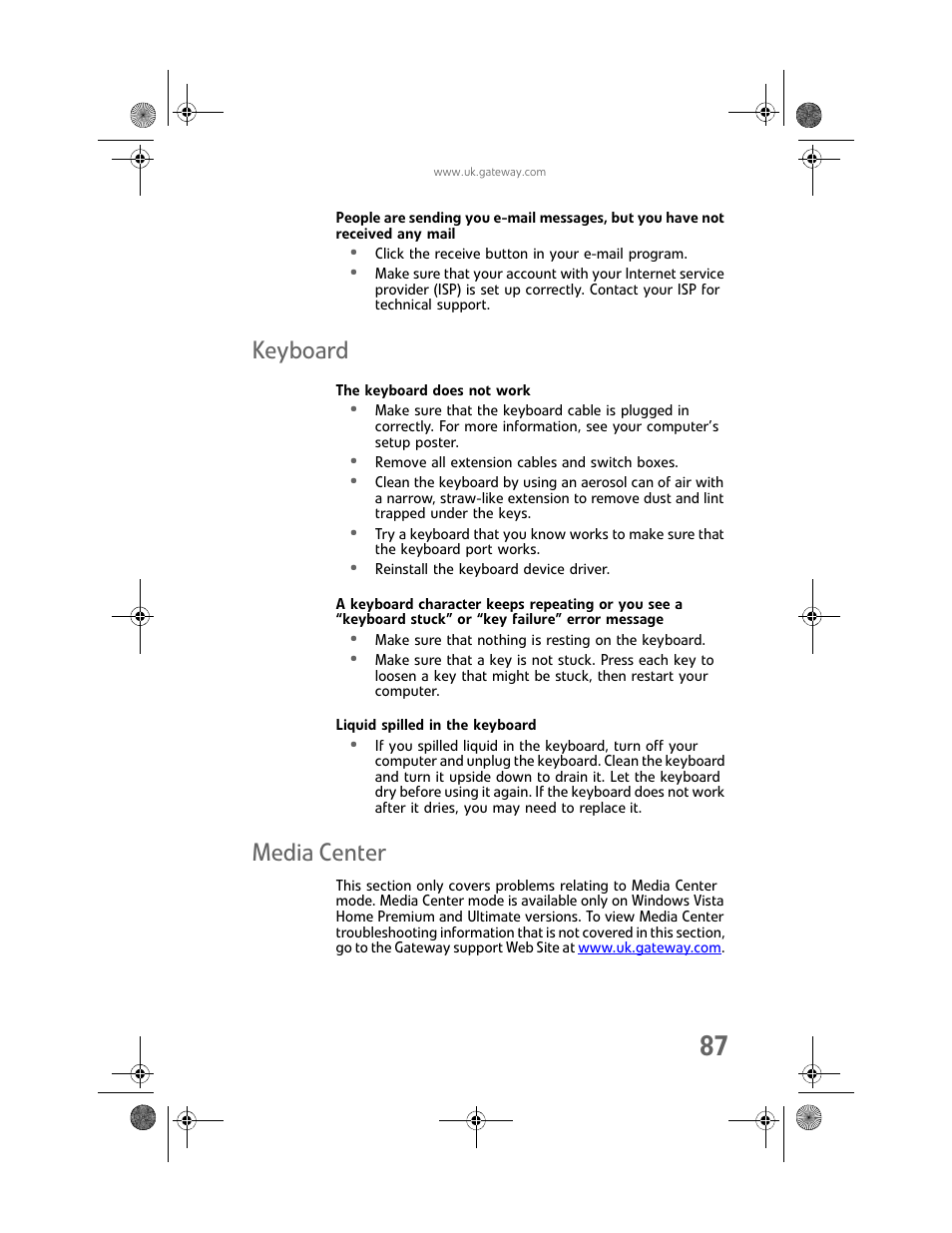 Keyboard, The keyboard does not work, Liquid spilled in the keyboard | Media center, Keyboard media center | Gateway GT5062b User Manual | Page 93 / 142