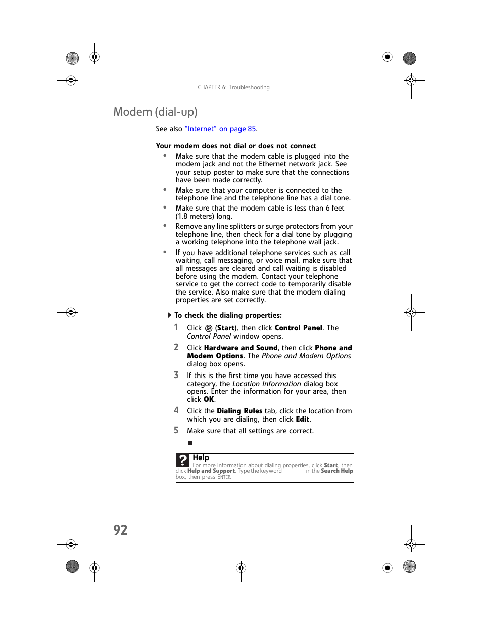 Modem (dial-up), Your modem does not dial or does not connect, To check the dialing properties | Modem (dial-up)” on | Gateway GT5062b User Manual | Page 98 / 142