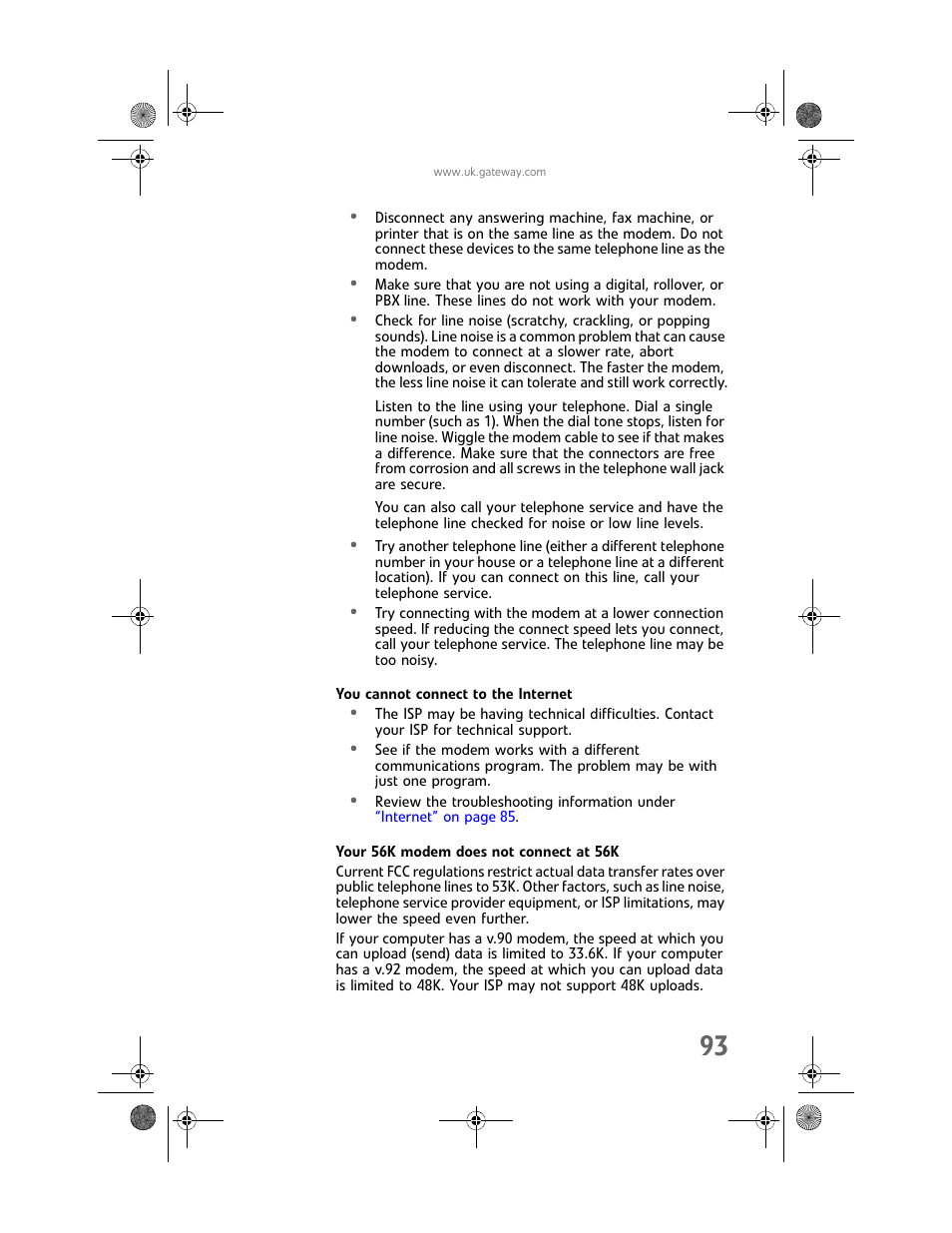 You cannot connect to the internet, Your 56k modem does not connect at 56k | Gateway GT5062b User Manual | Page 99 / 142