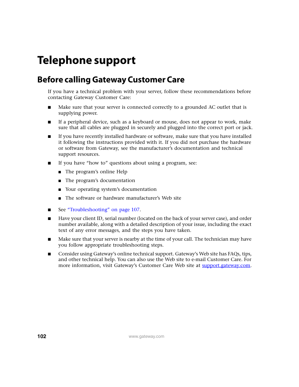 Telephone support, Before calling gateway customer care | Gateway 9315 User Manual | Page 107 / 168