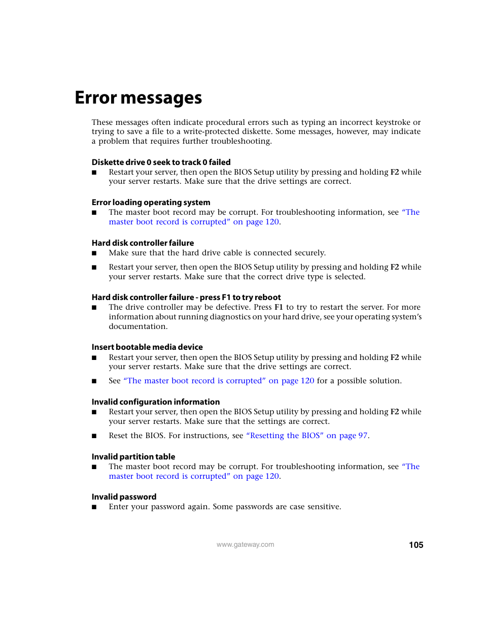 Error messages | Gateway 9315 User Manual | Page 110 / 168