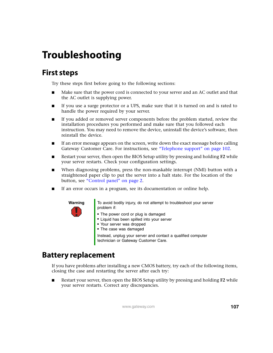 Troubleshooting, First steps, Battery replacement | First steps battery replacement | Gateway 9315 User Manual | Page 112 / 168