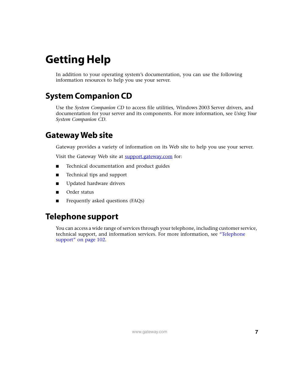 Getting help, System companion cd, Gateway web site | Telephone support | Gateway 9315 User Manual | Page 12 / 168