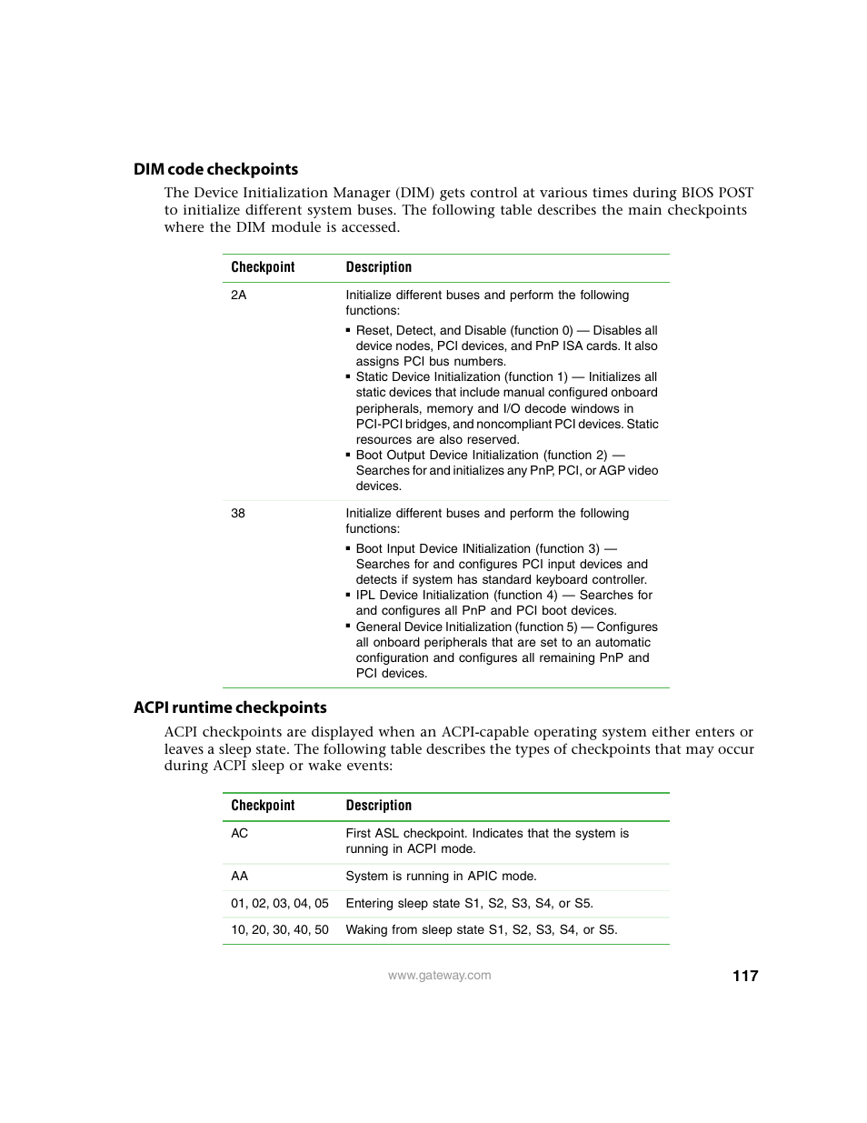 Dim code checkpoints, Acpi runtime checkpoints, See “dim code | Gateway 9315 User Manual | Page 122 / 168