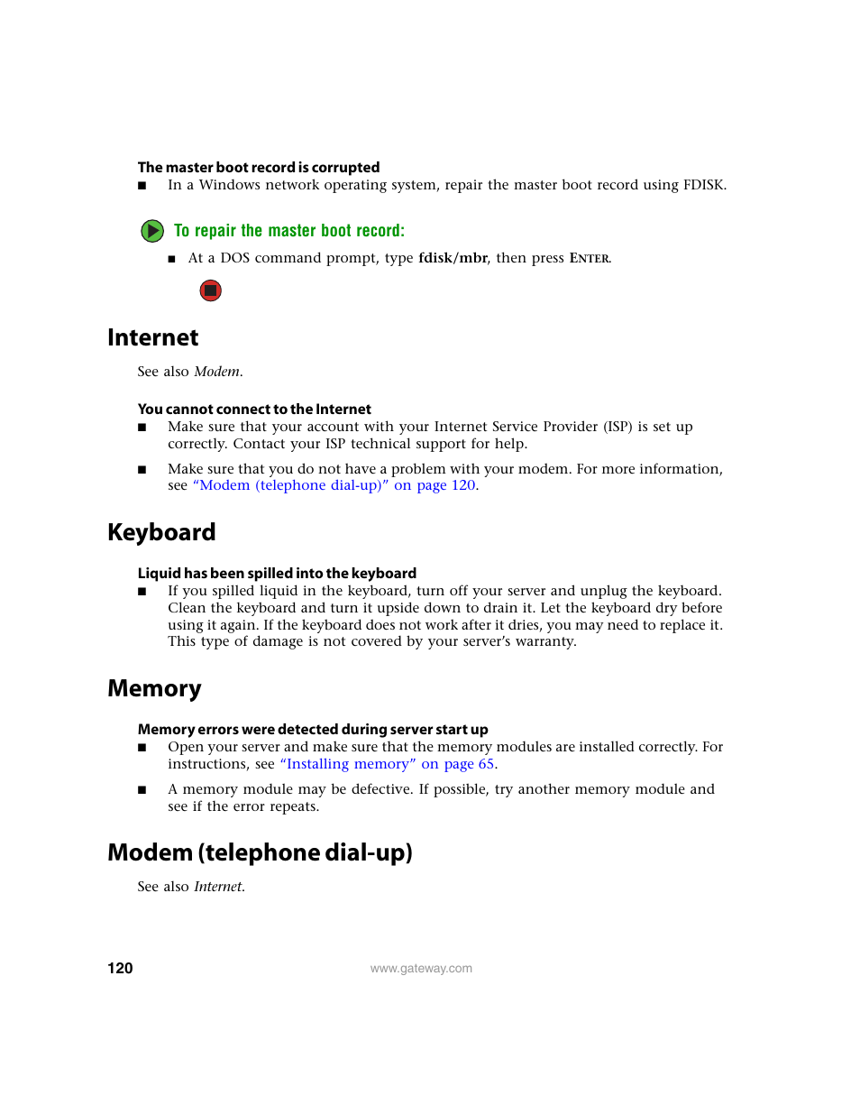 Internet, Keyboard, Memory | Modem (telephone dial-up), Internet keyboard memory modem (telephone dial-up) | Gateway 9315 User Manual | Page 125 / 168