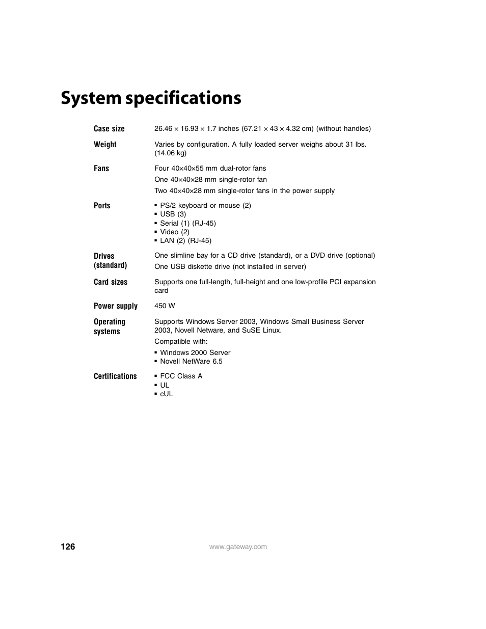 System specifications | Gateway 9315 User Manual | Page 131 / 168