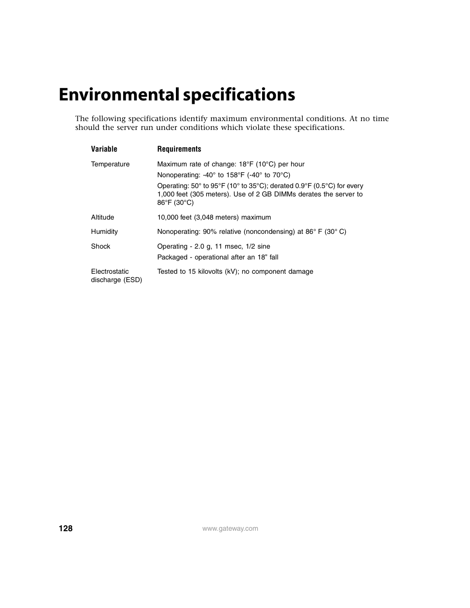 Environmental specifications | Gateway 9315 User Manual | Page 133 / 168