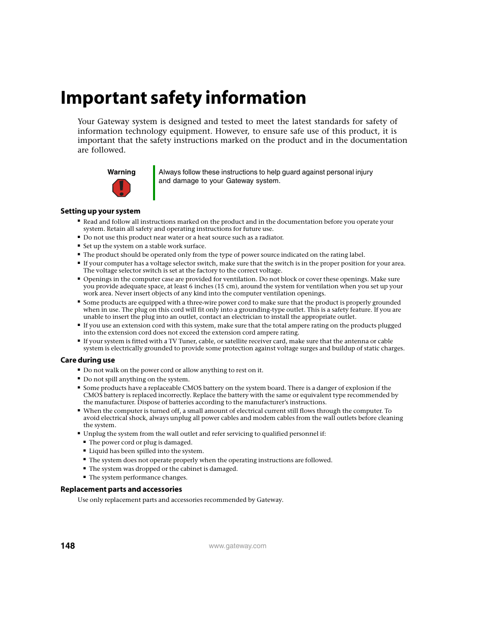 Important safety information, Care during use, Replacement parts and accessories | Gateway 9315 User Manual | Page 153 / 168