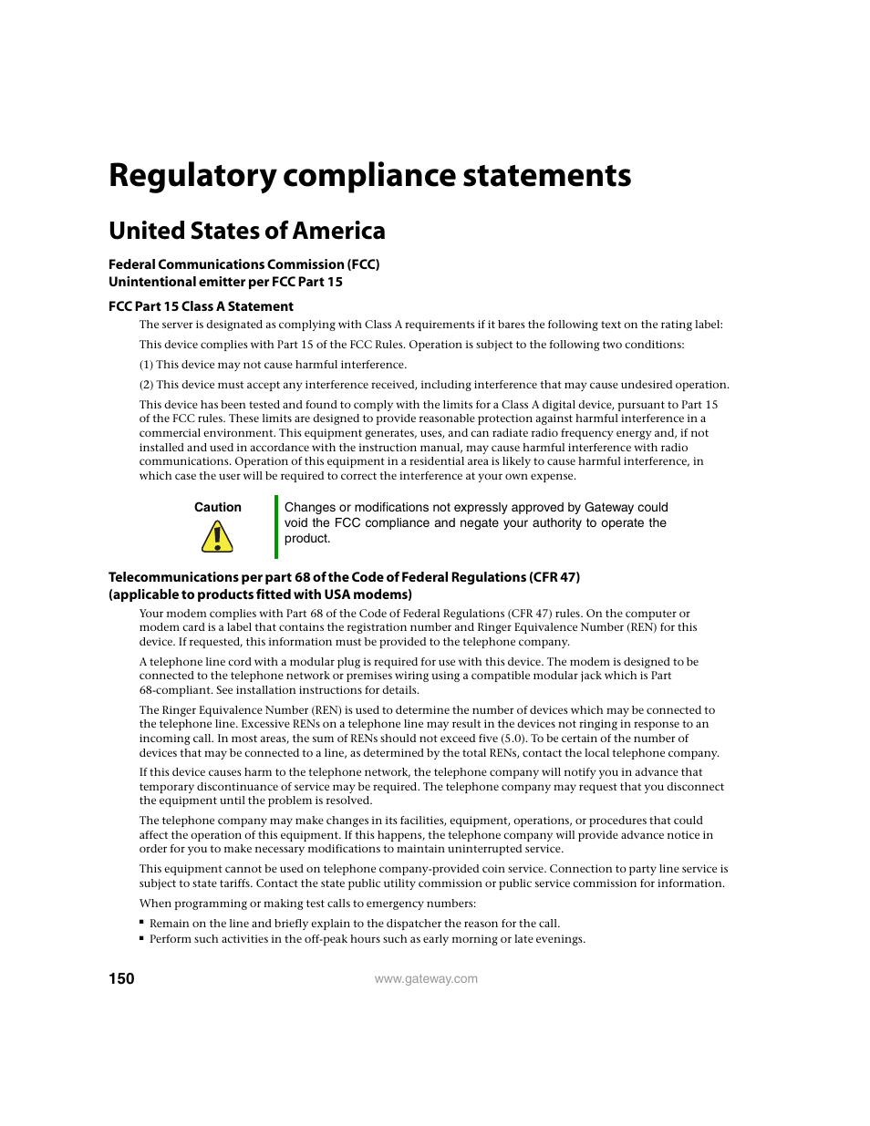 Regulatory compliance statements, United states of america | Gateway 9315 User Manual | Page 155 / 168