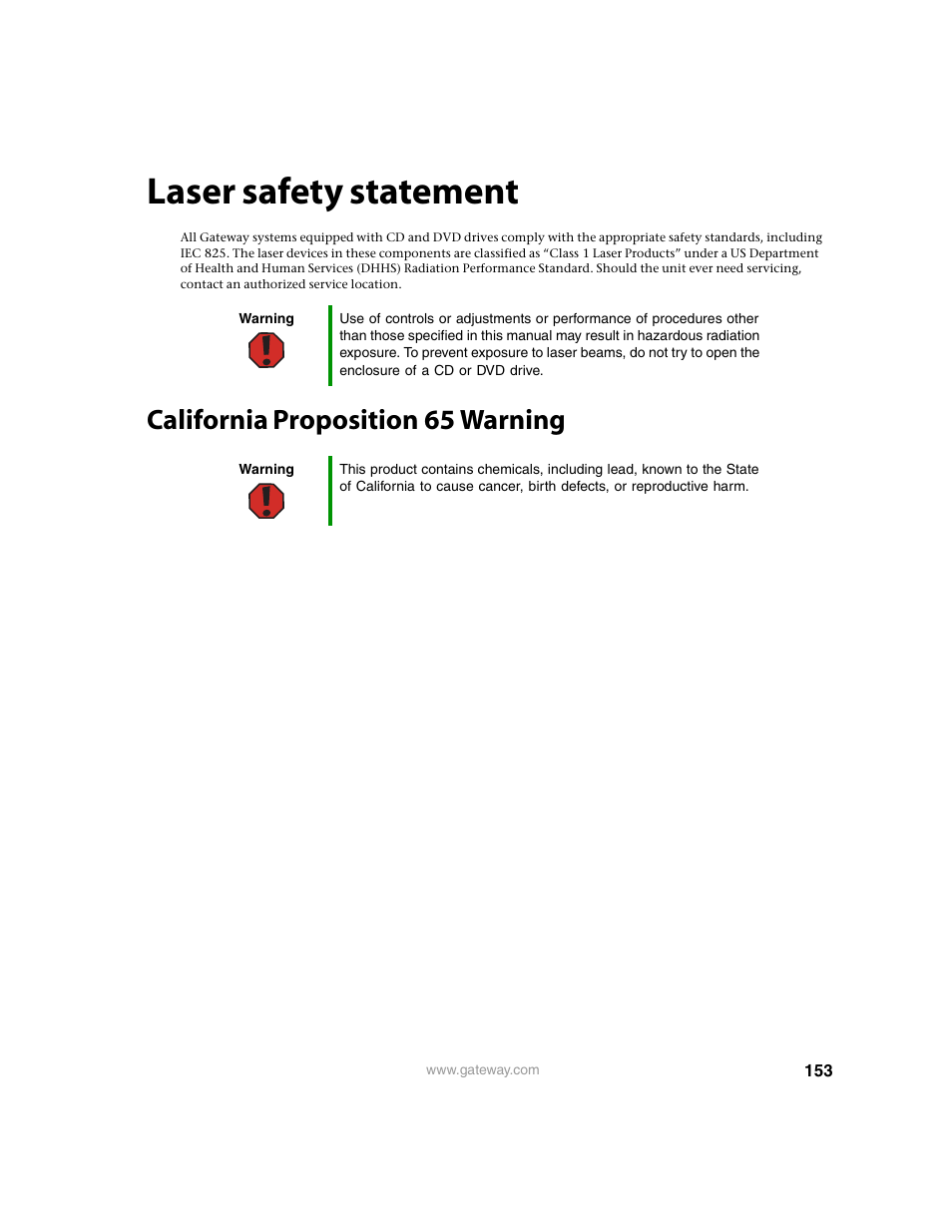 Laser safety statement, California proposition 65 warning | Gateway 9315 User Manual | Page 158 / 168