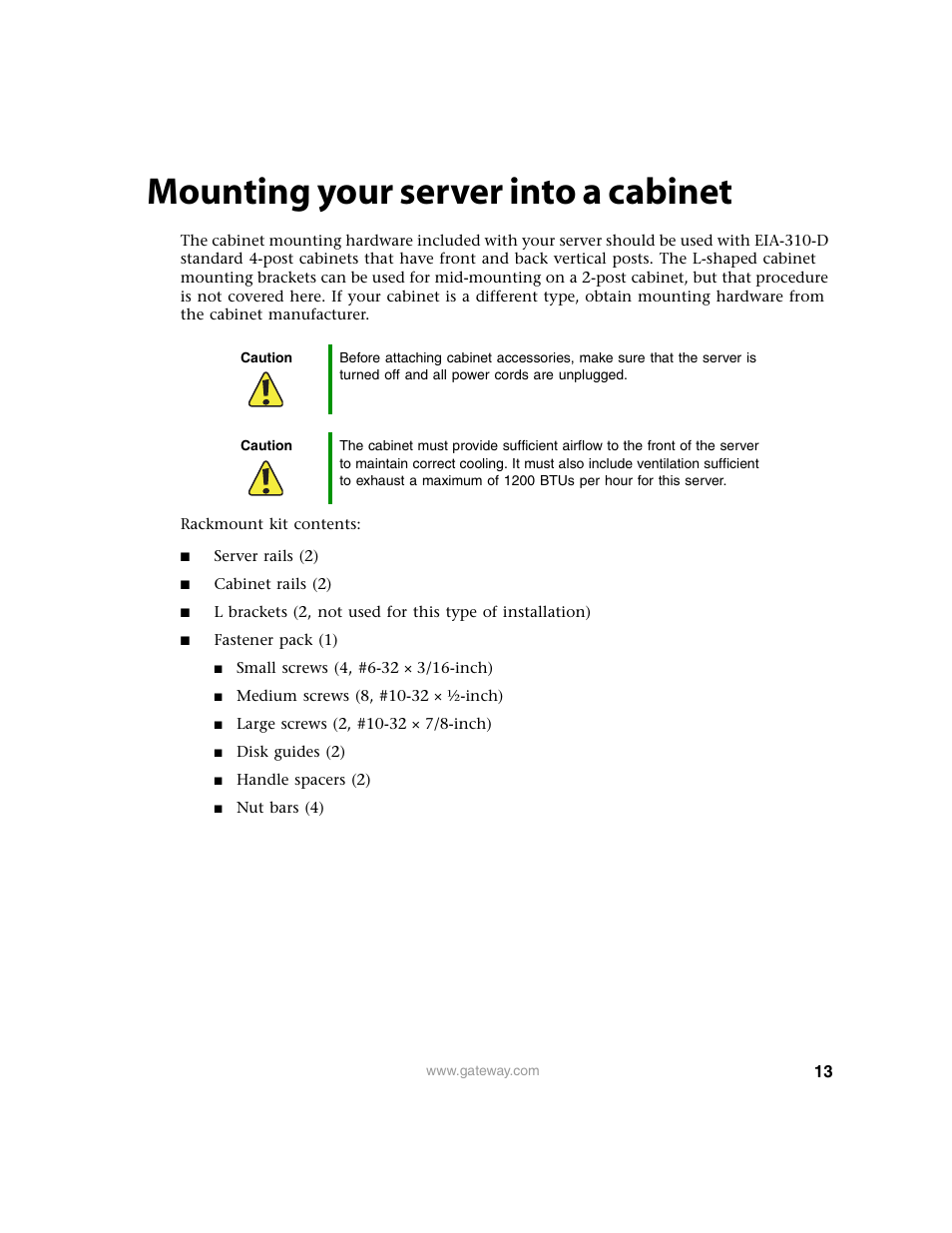 Mounting your server into a cabinet | Gateway 9315 User Manual | Page 18 / 168