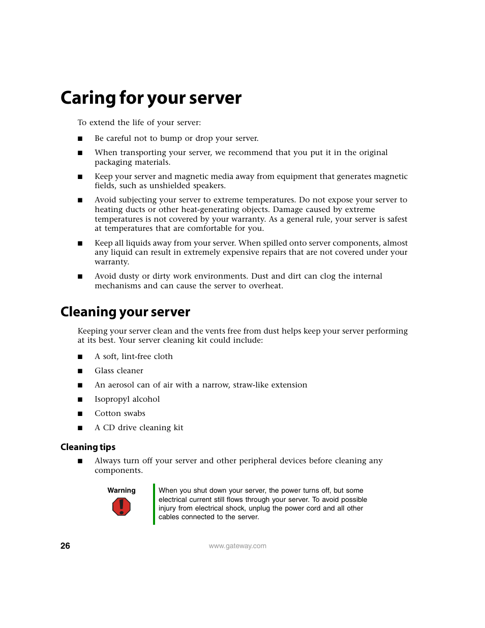 Caring for your server, Cleaning your server, Cleaning tips | Gateway 9315 User Manual | Page 31 / 168