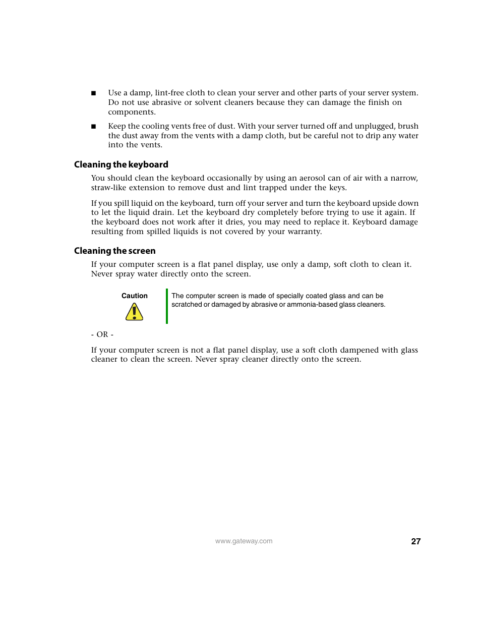 Cleaning the keyboard, Cleaning the screen | Gateway 9315 User Manual | Page 32 / 168