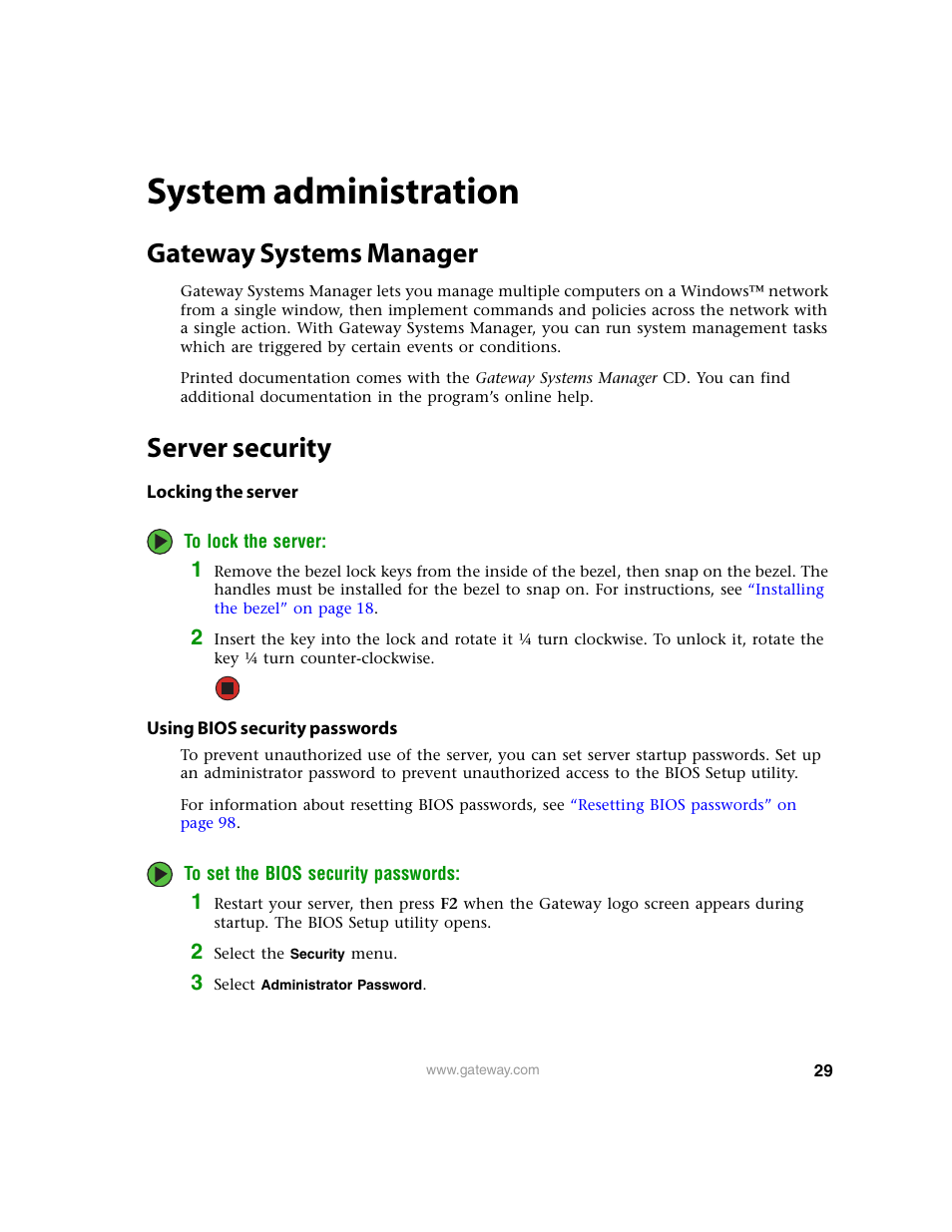 System administration, Gateway systems manager, Server security | Locking the server, Using bios security passwords, Gateway systems manager server security | Gateway 9315 User Manual | Page 34 / 168