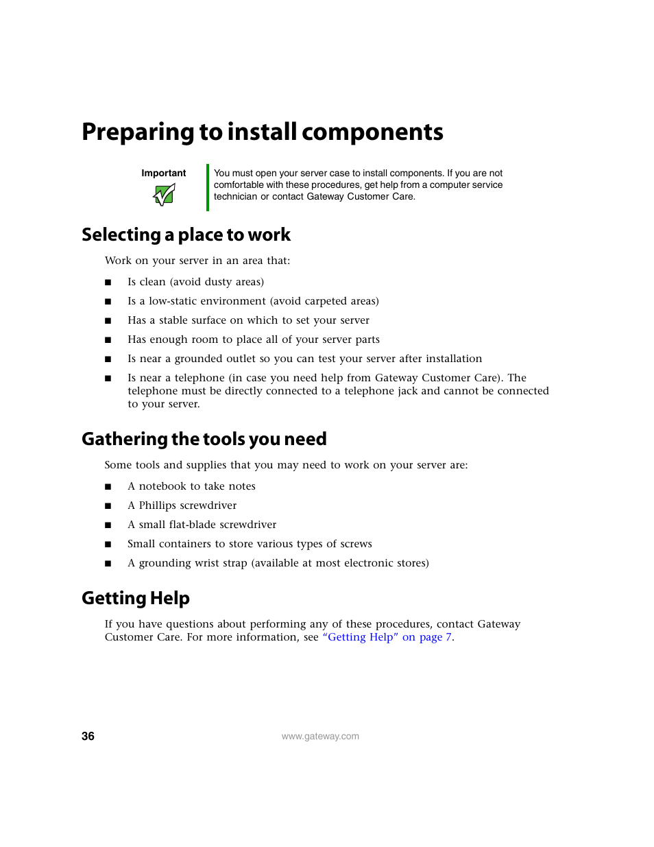 Preparing to install components, Selecting a place to work, Gathering the tools you need | Getting help | Gateway 9315 User Manual | Page 41 / 168